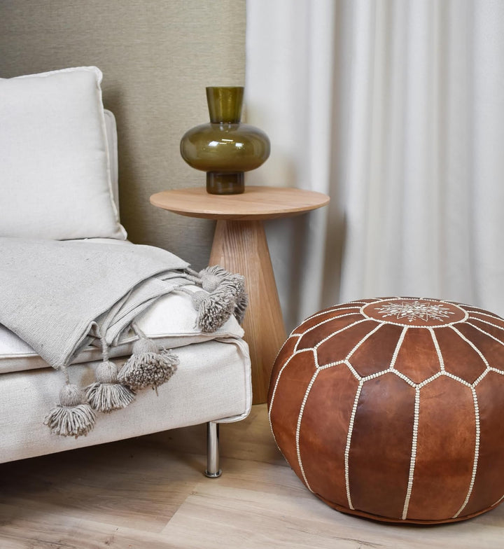 Marokkanischer Echtleder Pouf - Cognac Braun - Handgefertigt - gefüllt geliefert - Ottoman Sitzsack