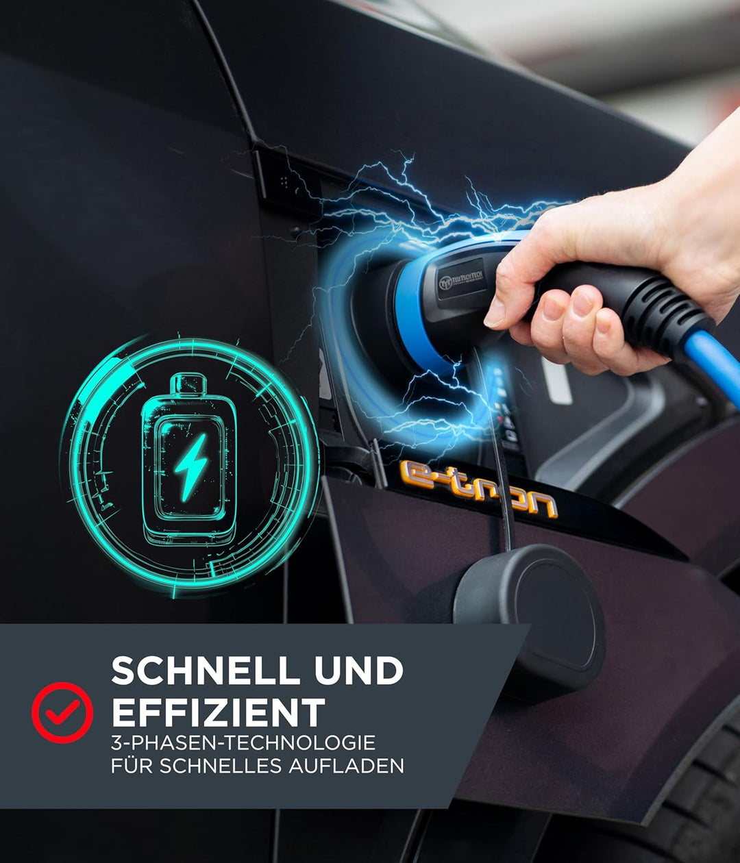 TEUTSCHTECH, EV Ladekabel blau I 10M I TYP2 - TYP2 I 22kW I 3X32A I 3-phasig I Mit Lade- Temperaturü
