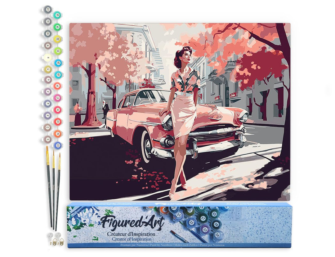 Figured'Art Malen Nach Zahlen Erwachsene Dame mit Rosa Oldtimer - Paint by Numbers Basteln DIY Baste
