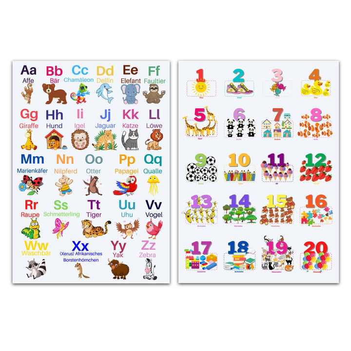 ABC Poster und Zahlen Lernposter DinA2 Set für Grundschüler - Alphabet und Zahlen von 1 bis 20 Lerne