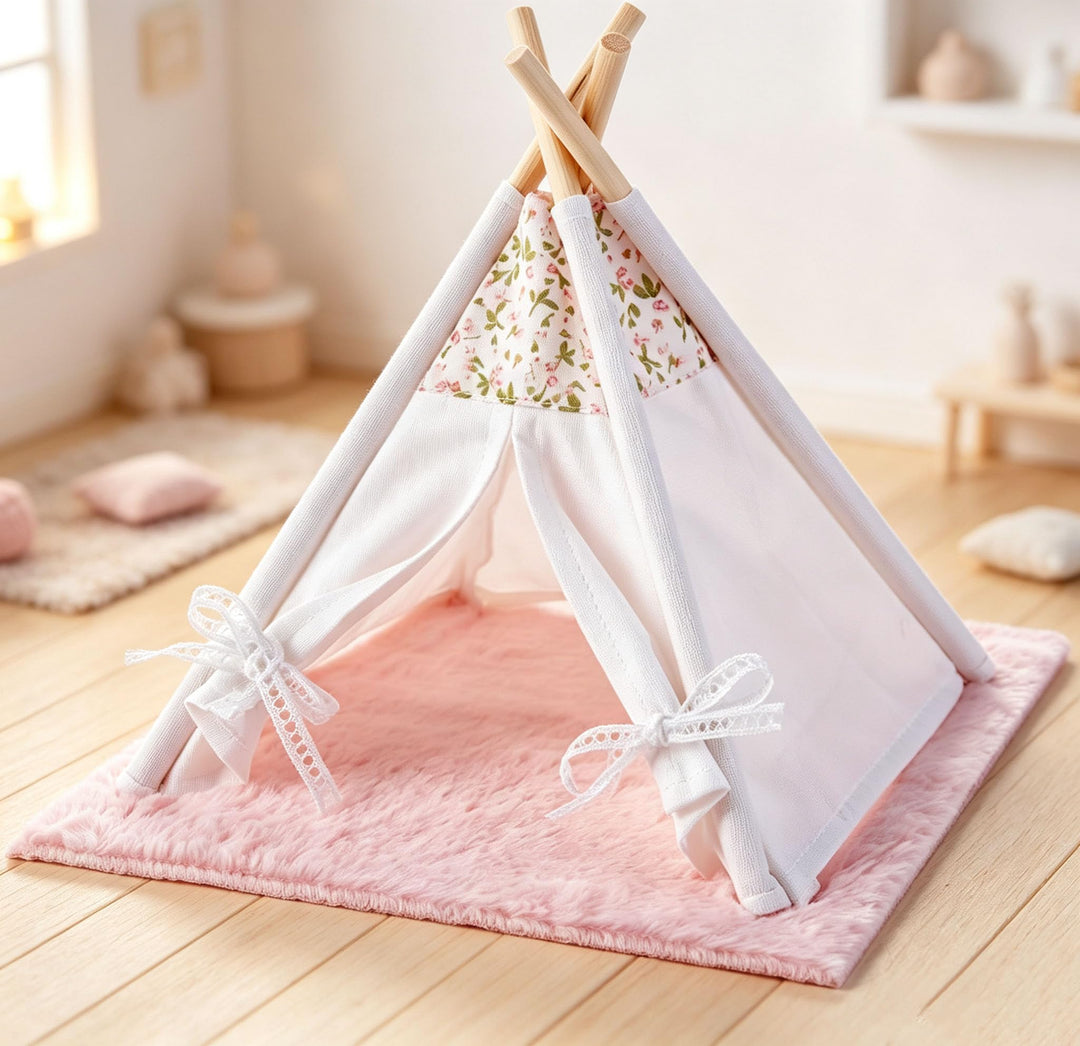1:12 Puppenhausmöbel Zelt, Fee Stil Miniatur Spitzenzelt mit Teppich, Puppenhaus Zubehör Camping Bet