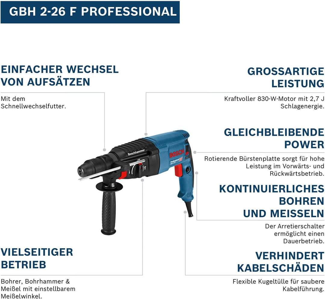 Bosch Professional Bohrhammer GBH 2-26 F (830 Watt, Wechselfutter SDS-plus, Schlagenergie: 2,7 J, im