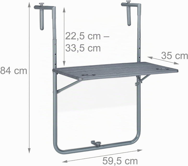 Relaxdays Balkonhängetisch klappbar, BxT: 59,5 x 60 cm, 3-Fach höhenverstellbar, 2 Getränkehalter, G