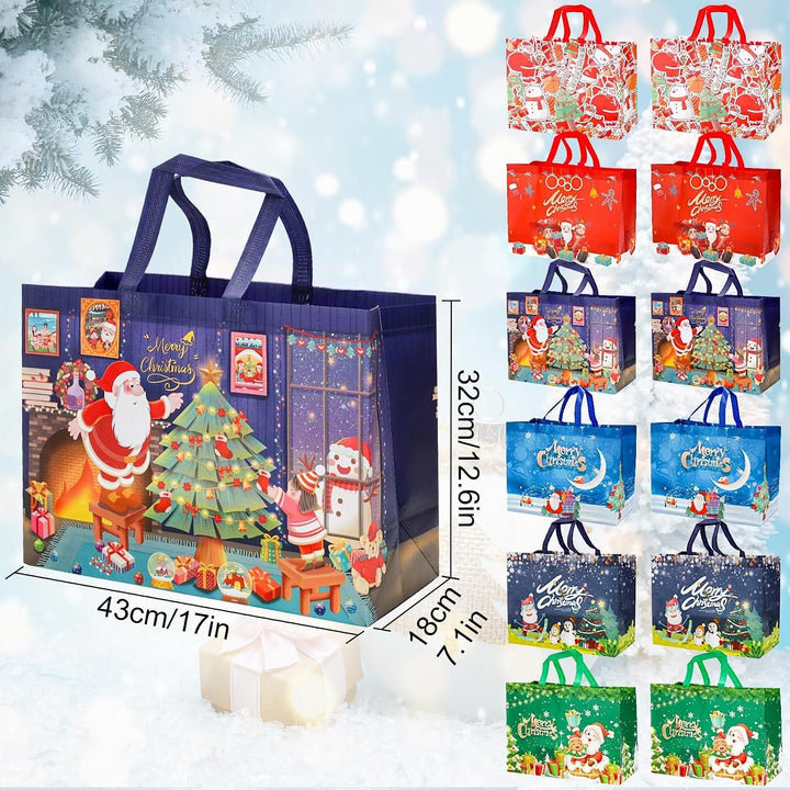 12 Stück Weihnachtstüten, Grosse Geschenktüten Weihnachten mit Griff, Wiederverwendbare Weihnachtsge