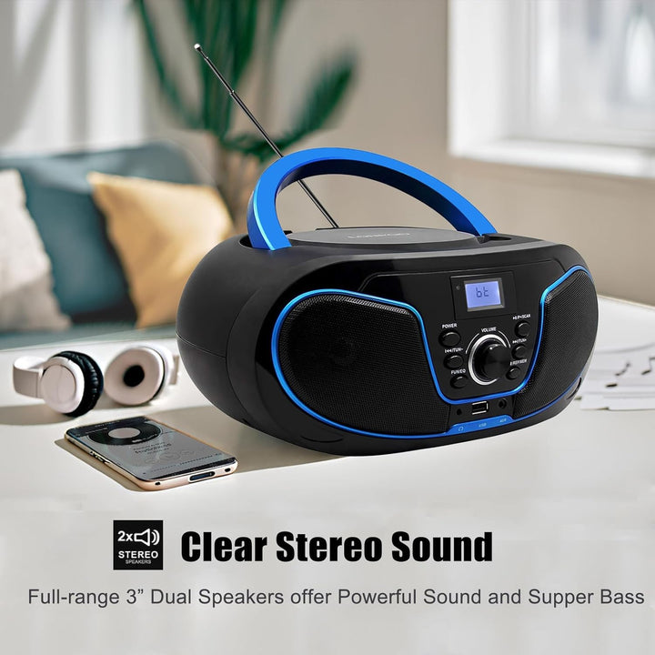 Tragbar CD Player Boombox Bluetooth - mit UKW Radio, USB Eingang & AUX & Kopfhörern Ports, 2 x 2 Wat