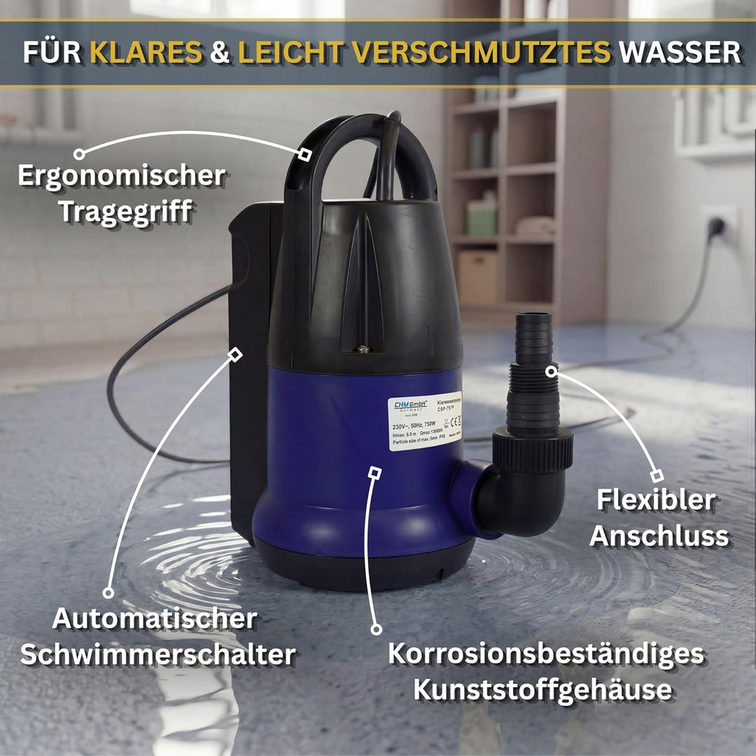 CHM GmbH® Tauchpumpe 750W Flachsaugpumpe integrierter Schwimmer. Poolpumpe