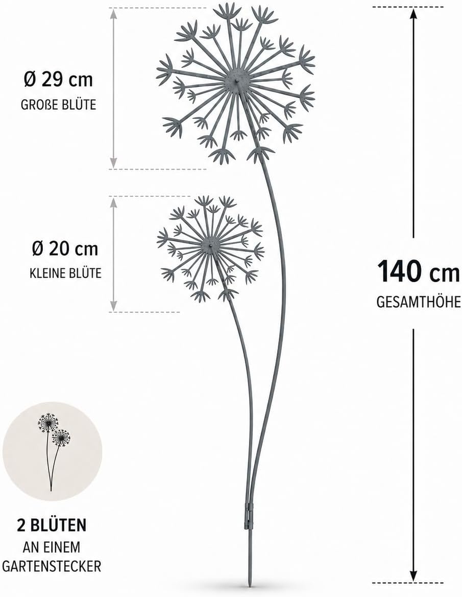 Terma Metall Pusteblume grau XXL 140 cm Höhe Pusteblume Gartenstecker, Gartenfigur gross, Metallfigu