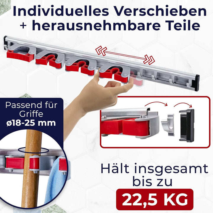 Generisch 2 Stück Besenhalter Wand Aluminium – 4 Halter & 5 Haken – grosser Gerätehalter rostfrei &
