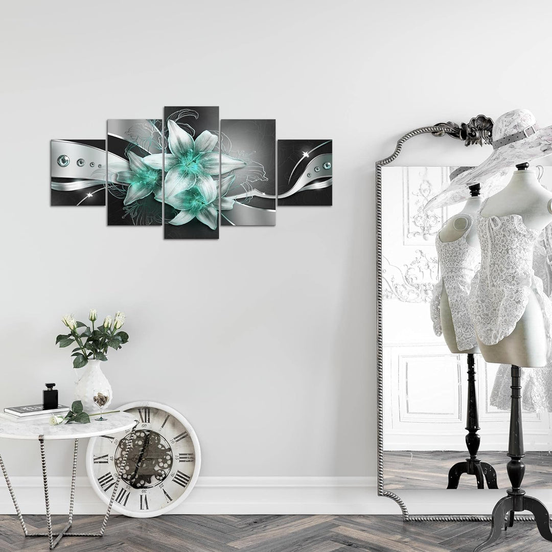 Runa Art Wandbilder Blumen Lilien 5 Teilig Bild auf Vlies Leinwand Deko Wohnzimmer Abstrakt Schwarz