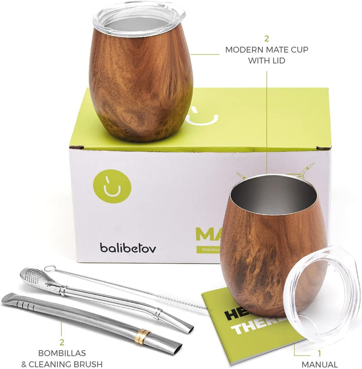 balibetov Mate Becher Set (2 Yerba Mate teebecher set, 5 pcs) - enthält Zwei Doppelwandiger 18/8 Ede