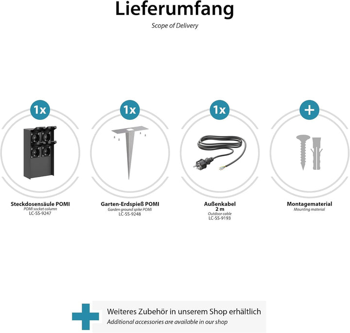 ledscom.de 3 Stück Garten-Steckdosen-Säule POMI mit Erdspiess und 2m Kabel für aussen, IP44, 4-Fach,