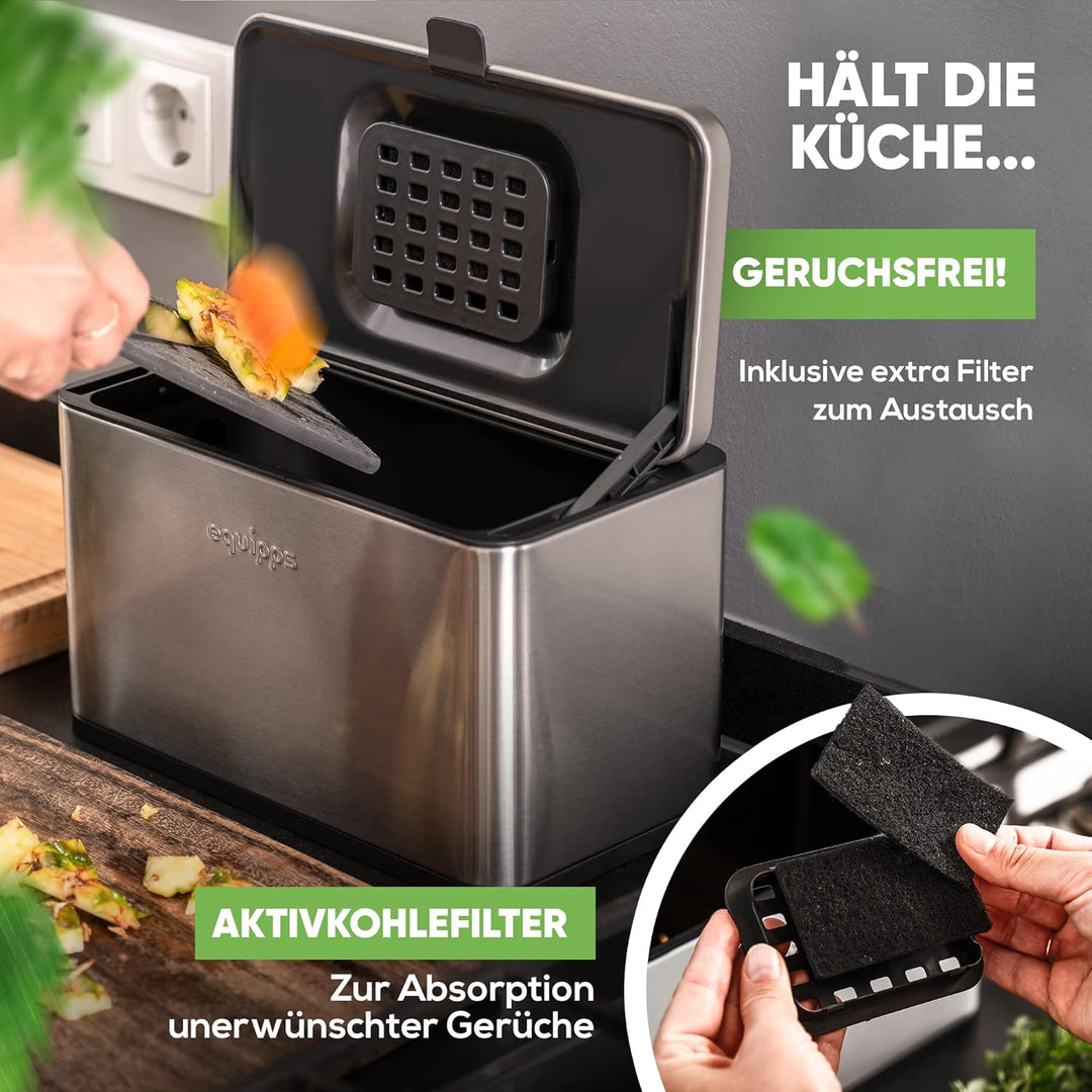 equipps Bio Mülleimer 3L Silber | Komposteimer Küche für Bio Müll & Co | Mülleimer mit Geruchsfilter