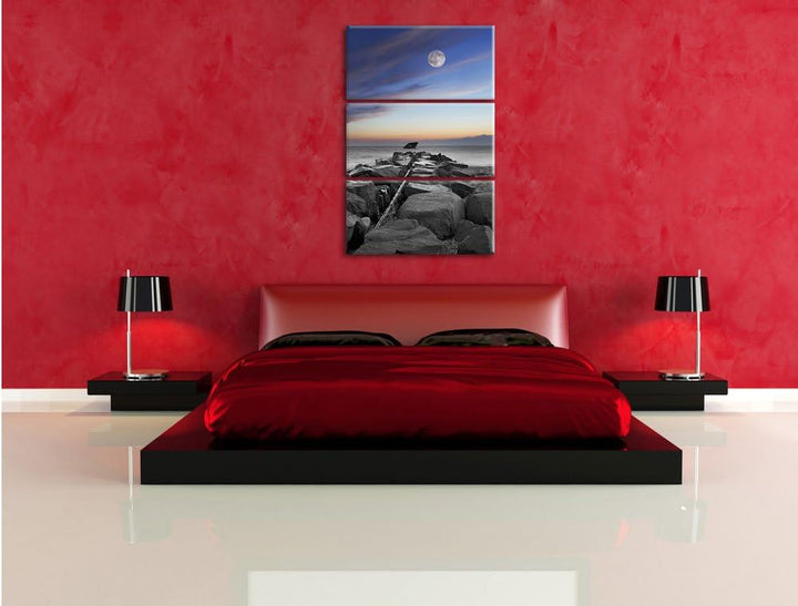 Pixxprint Steinmauer am Meer bei schönem Abendhimmel 3-Teiler Leinwandbild 120x80 Bild auf Leinwand