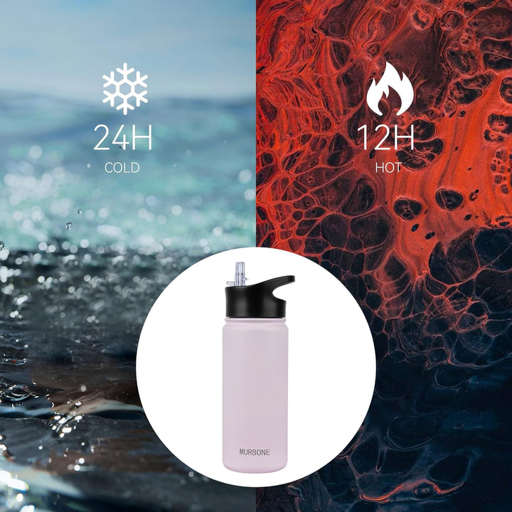 Edelstahl Trinkflasche 500ml (+2 Deckel)-mit Strohhalm,BPA frei,Thermosflasche Auslaufsicher,Kohlens