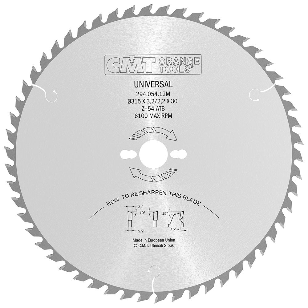 CMT Orange Tools Kreissägeblatt HW 315 x 3,2 / 2,2 x 30 Z=54 10° ATB - 294.054.12M - für Querschnitt
