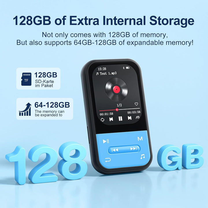 128GB MP3 Player - Clip MP3 Player mit Bluetooth 5.3, tragbarer Musikplayer mit FM-Radio, Sprachaufn
