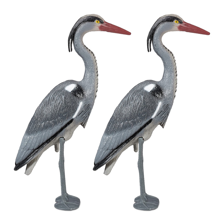 Relaxdays Reiher Gartenfigur, 2er Set, gegen Fischreiher, für Gartenteich, mit Erdspiess, Kunststoff
