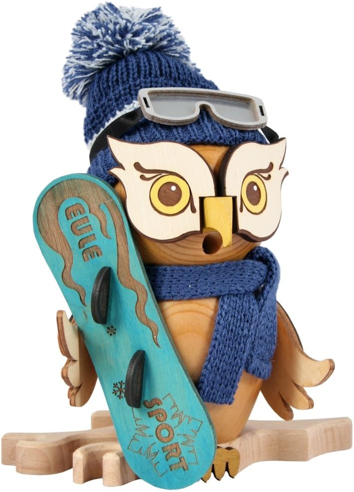 Drechslerei Kuhnert - Rauchfigur/Räucherfigur - Eule mit Snowboard aus Massivholz - ca. 15 cm - Made