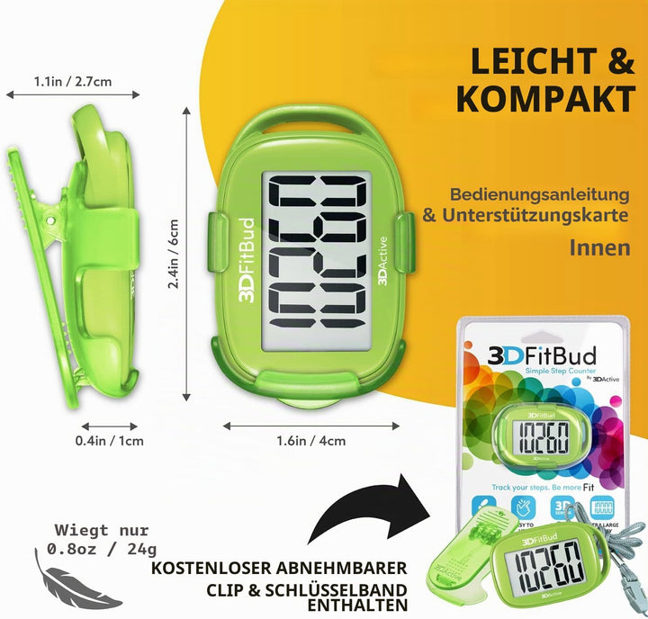 3DFitBud Einfacher Schrittzähler Gehen 3D-Schrittzähler mit Clip und Umhängeband, A420S Grün, Grün