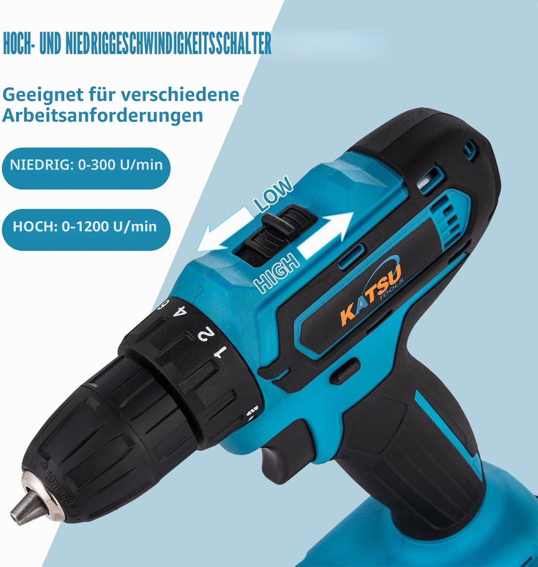 KATSU FIT-BAT 102623 Akku-Bohrschrauber, 21 V, 10 mm Schnellspannbohrfutter, 2 Gänge, LED-Licht, ide