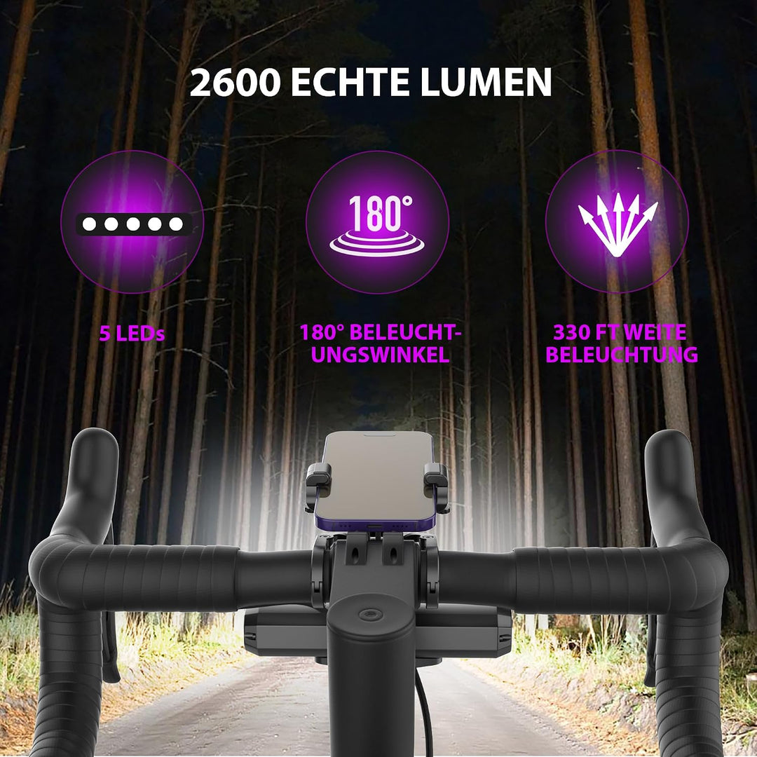 Fahrradlicht Vorne + Handyhalterung Fahrrad 2 in 1 5 LEDs 4-Lichtmodi 8000mah 2600 Lumens USB C Lade