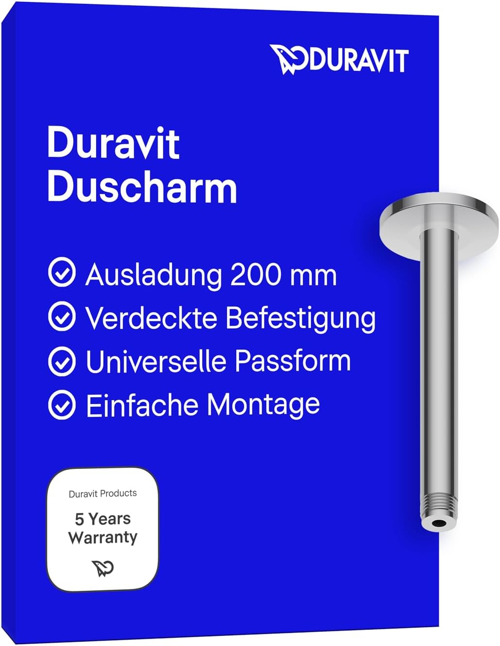 Duravit Universal Duscharm, Duscharmatur Deckenbefestigung, Brausearm 200 mm, Duschbrause rund, Chro