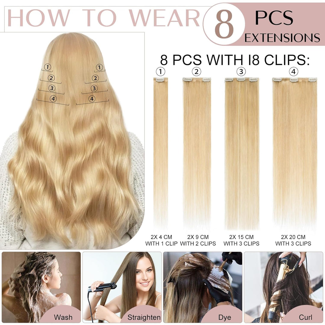 SEGO Clip in Extensions Echthaar Haarverlängerung Haarteil 8 Tressen leicht hitzebeständig glatt Mit