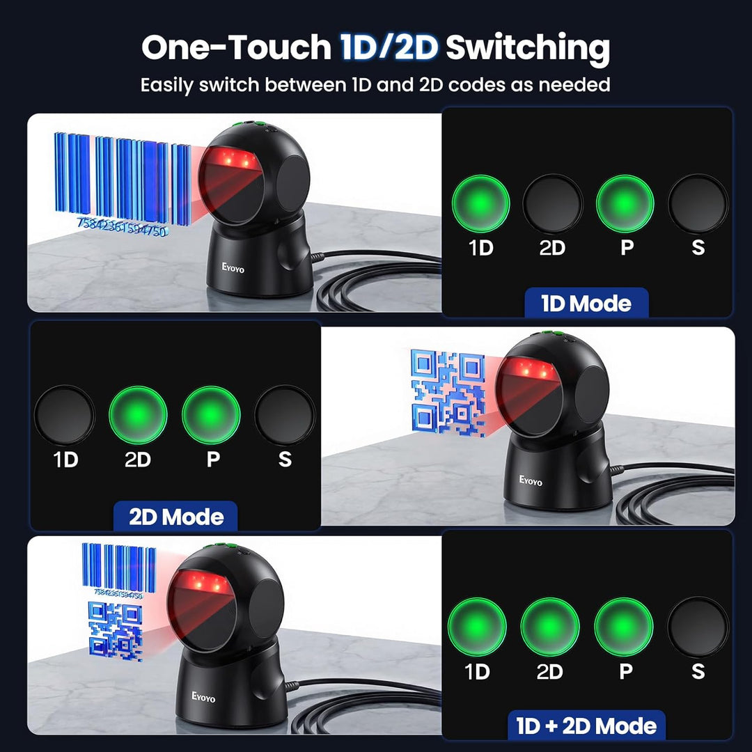 Eyoyo USB-Barcode-Scanner, omnidirektionaler automatischer Barcodeleser, Freisprecheinrichtung, 2D Q