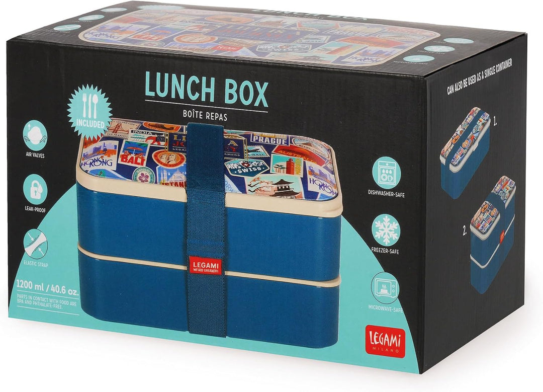 Legami – Lunchbox, 3 Besteckteile inklusive, Travel Stickers, Behälter, Fassungsvermögen 1200 ml, au
