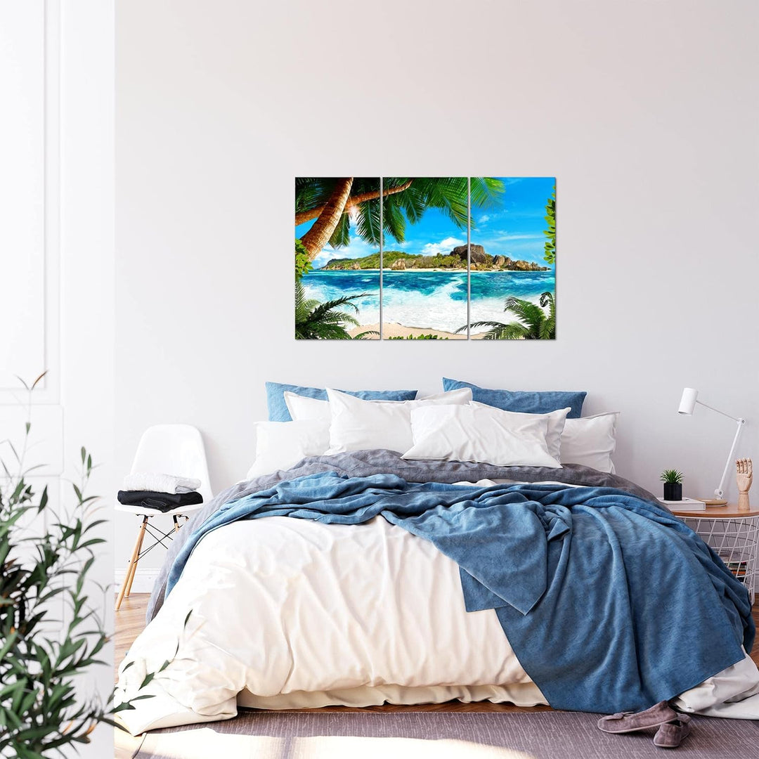 Runa Art Wandbilder Karibik Insel Bild XXL Wohnzimmer Schlafzimmer Blau Palme Meer 120 x 80 cm 3 Tei