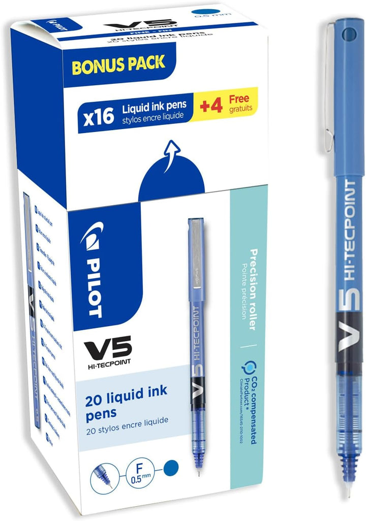 Pilot 3131910516514 V5 Hi-Tecpoint Flüssigtintenroller, Blau, 20 Stück blau Einzelbett, blau Einzelb