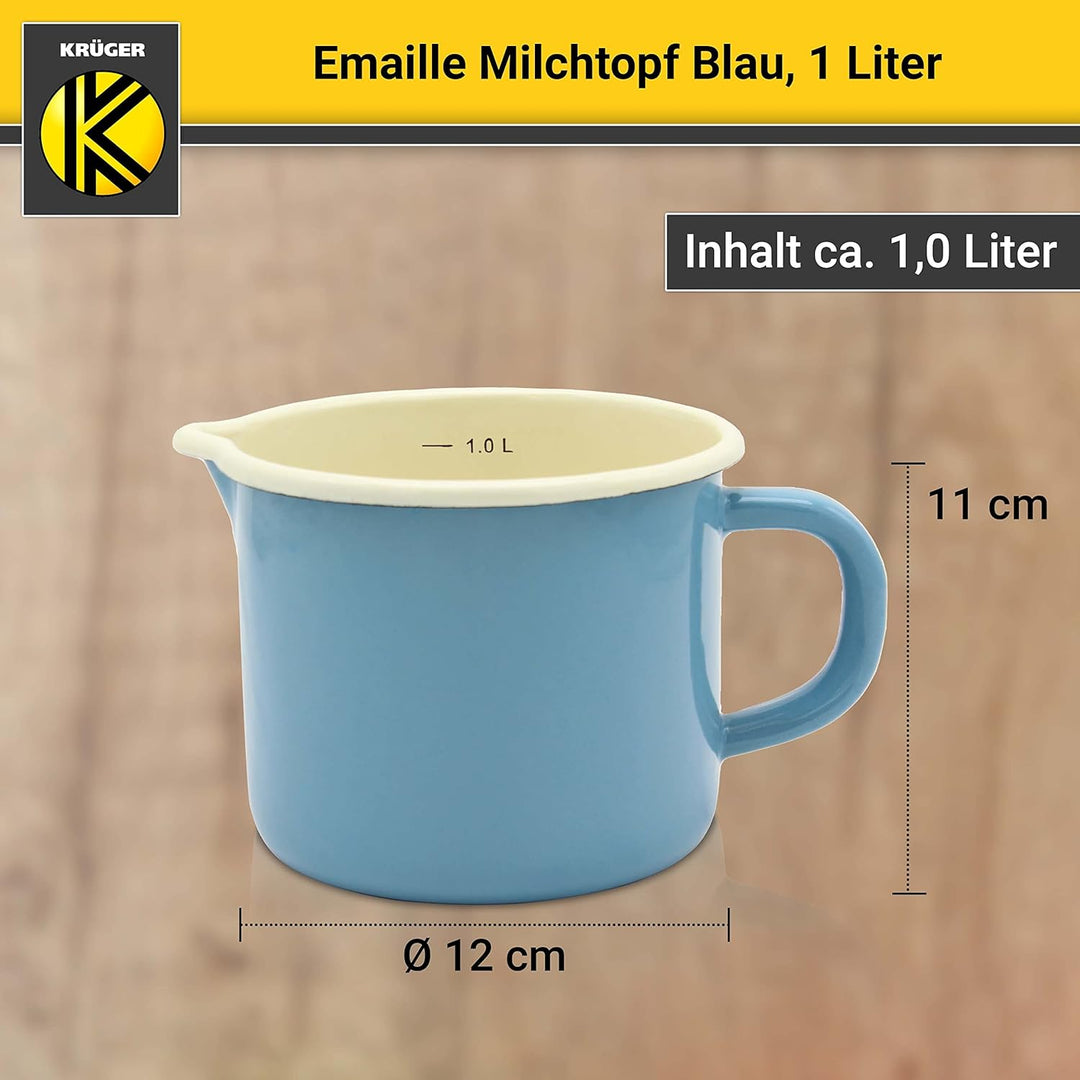 Krüger Emaille-Milchtopf Blau 12cm, 1 Liter - Topf mit Vollkontaktboden für energiesparendes Kochen