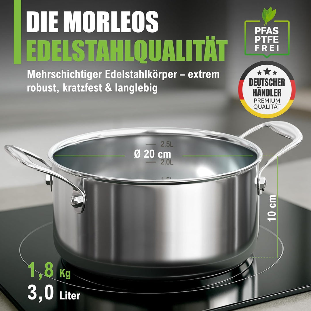 MORLEOS Suppentopf mit modernem, flachem Glasdeckel, 3 Liter Edelstahltopf Ø 20x10 cm - Induktion sp