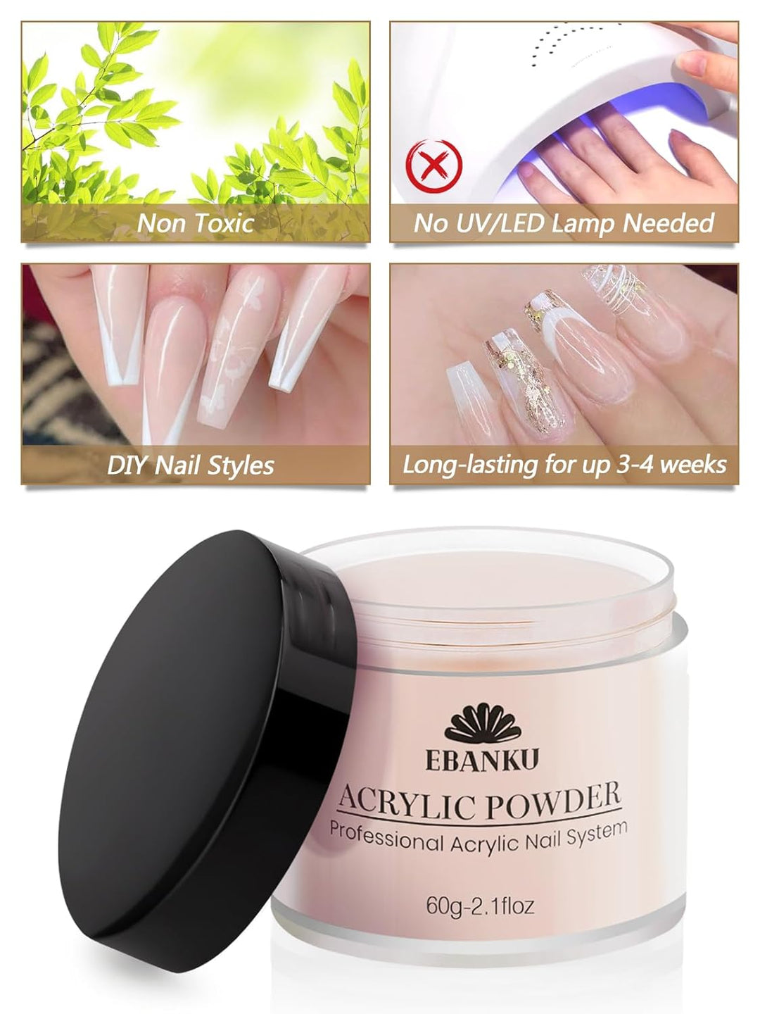 EBANKU 2 x Professionelles Acryl-Pulver für Nagelverlängerungen, raues Rosa, für Nagelverlängerungen