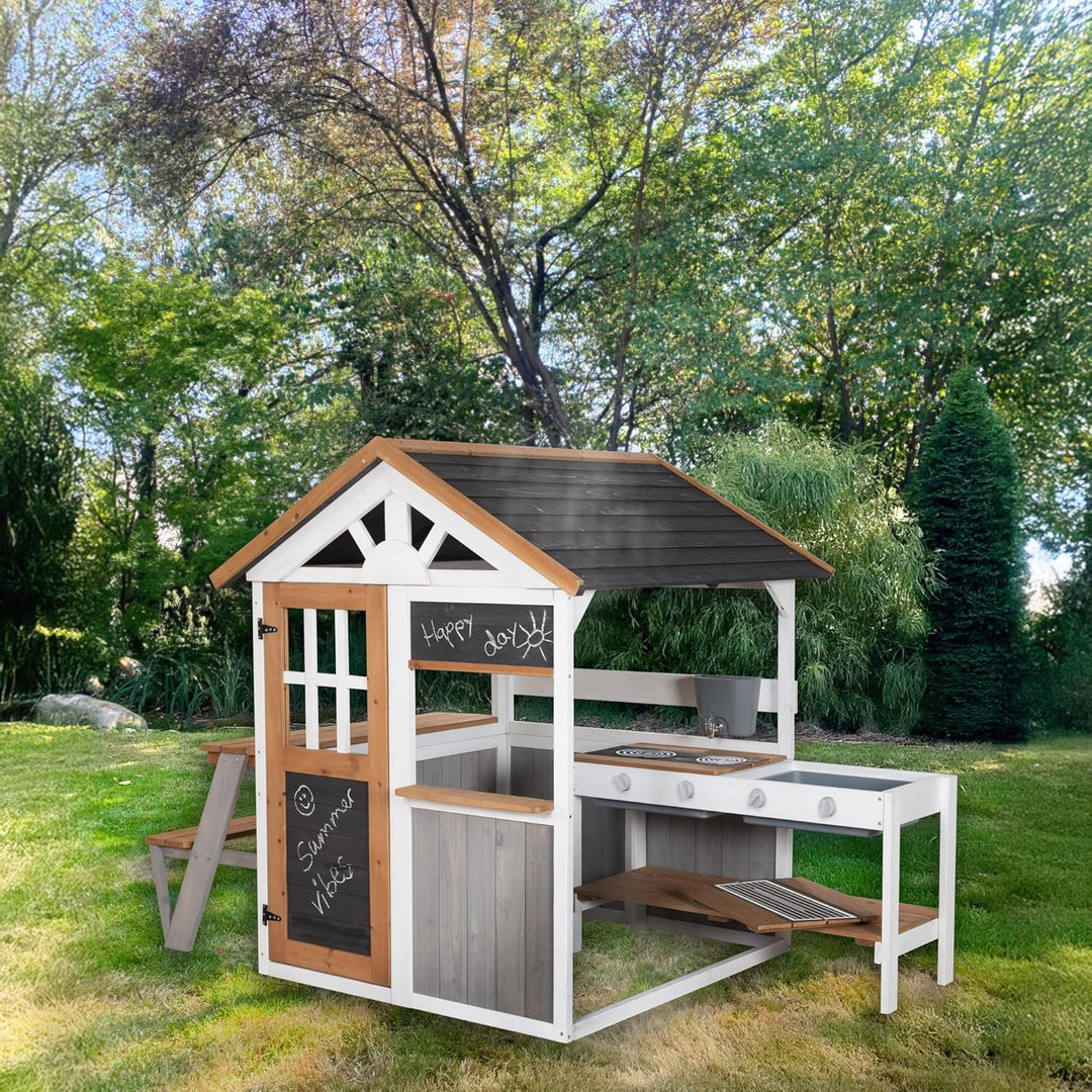 roba Spielküchenerweiterung für Spielhaus - Outdoor-Kinderküche weiss-braun mit BBQ- und Kochplatten