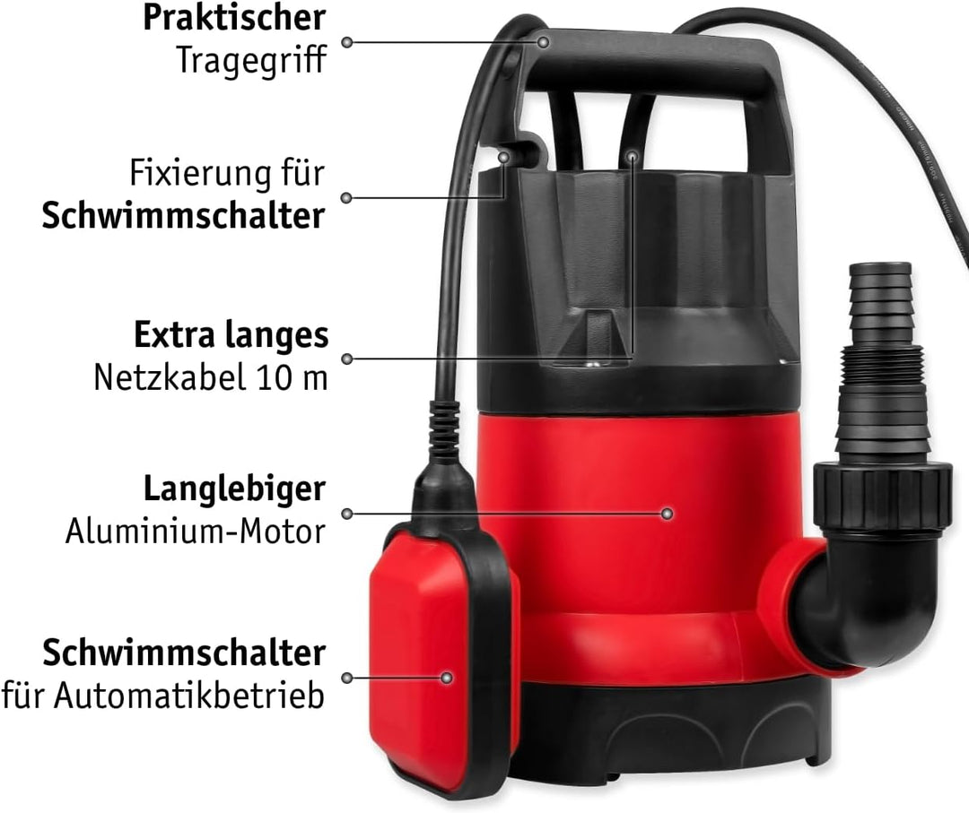 WALTER Schmutzwassertauchpumpe Set (550W, 10.500l/h, Förderhöhe max. 7m, Anschlusskabel 10m, Schwimm