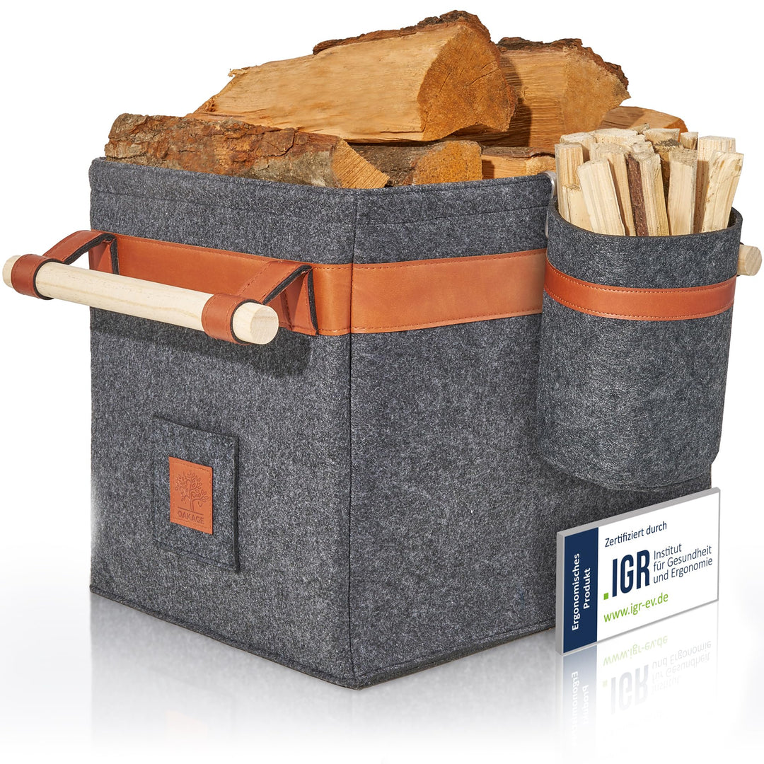 OAKAGE® Holzkorb für Kaminholz Gross mit Zündholzkorb [Integrierter Metallrahmen für Zusatzstabilitä