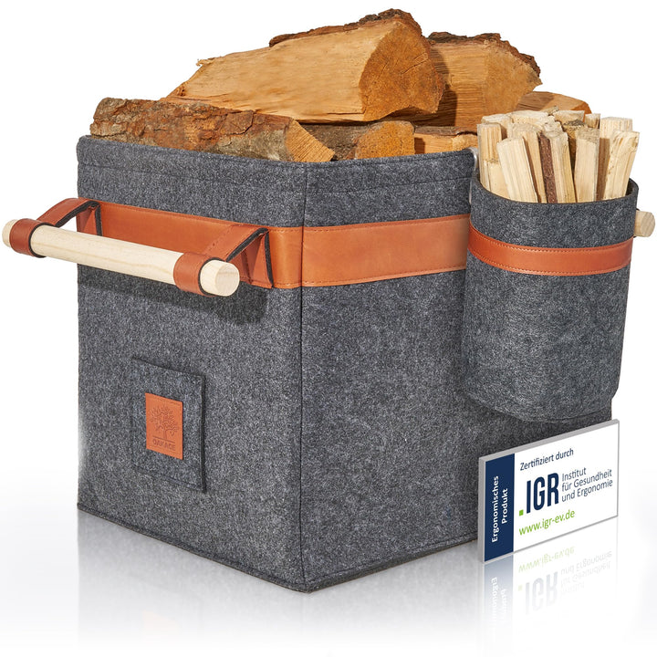 OAKAGE® Holzkorb für Kaminholz Gross mit Zündholzkorb [Integrierter Metallrahmen für Zusatzstabilitä