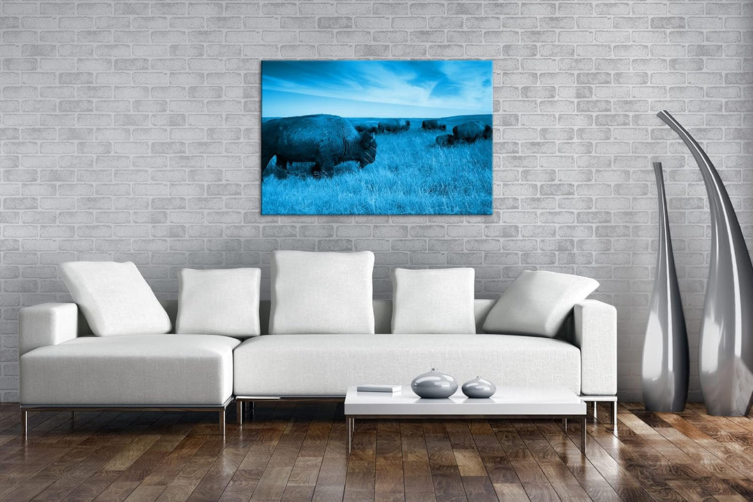 Bison Herde in der Steppe Format 80x60 Effekt: Monocrome Blau als Leinwandbild, Motiv fertig gerahmt