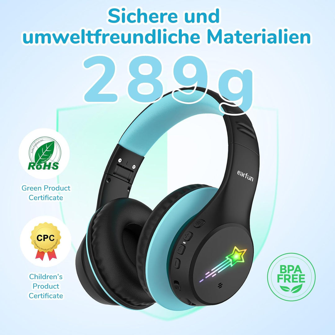 EarFun Bluetooth Kopfhörer Kinder, 5 LED-Beleuchtungsmodi, 74/85/94 dBA Lautstärkebegrenzung, 90 Std