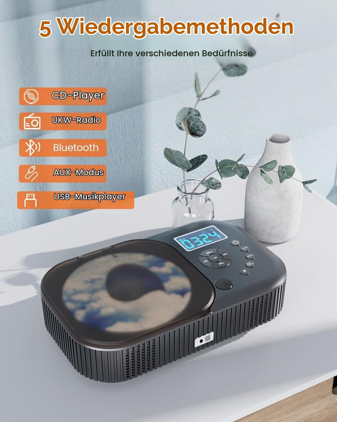 MONODEAL CD Player Tragbar, Tragbarer CD Player mit Zwei Stereo Lautsprechern und Bluetooth &amp; Radio,