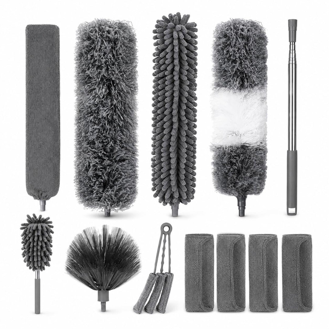 12 Stück Staubwedel Teleskop Set, Staubwedel Lang Ausziehbar bis 245 cm, waschbarer Spinnenwebenentf