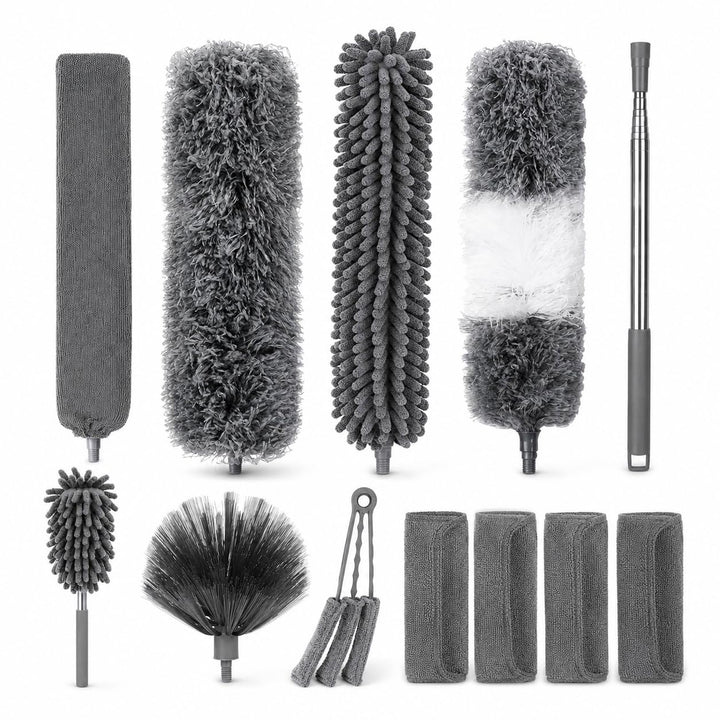12 Stück Staubwedel Teleskop Set, Staubwedel Lang Ausziehbar bis 245 cm, waschbarer Spinnenwebenentf