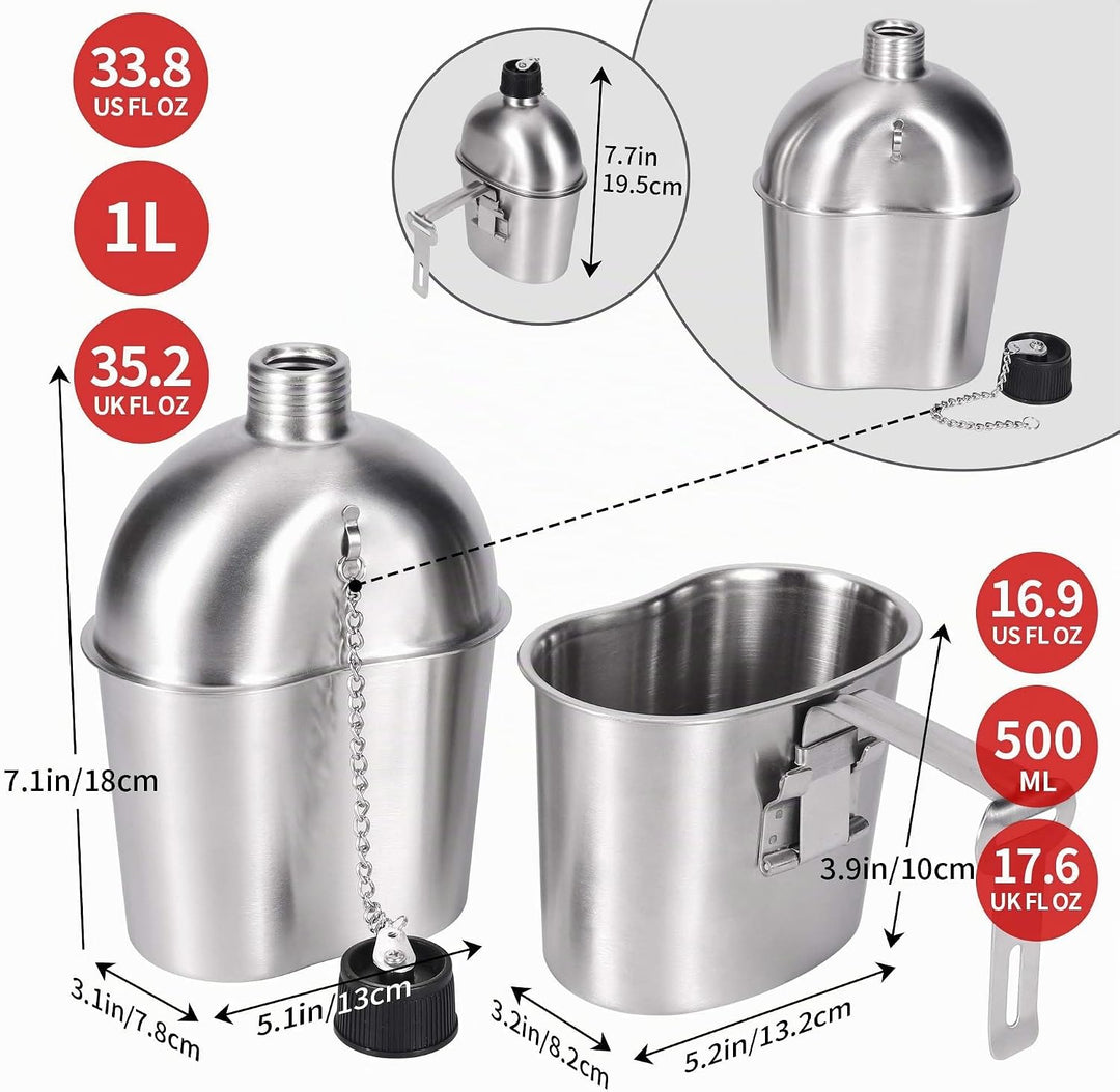 Goetland Edelstahl US Feldflasche Wasserflasche Trinkflasche 1L mit 0,5 L Becher Stofftasche für Cam