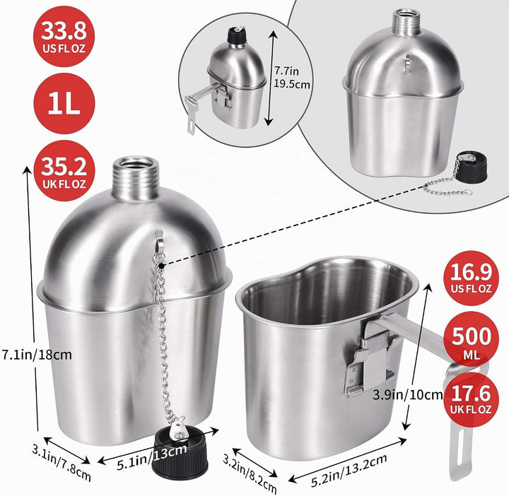Goetland Edelstahl US Feldflasche Wasserflasche Trinkflasche 1L mit 0,5 L Becher Stofftasche für Cam