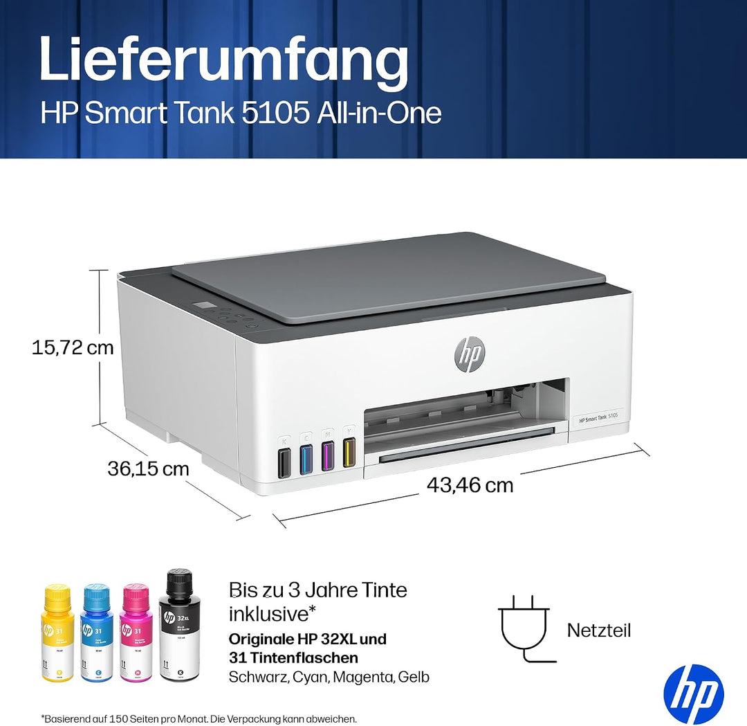 HP Smart Tank 5105 3-in-1 Multifunktionsdrucker, 20€ Cashback, (WLAN; Mobiles Drucken) – 3 Jahre Tin
