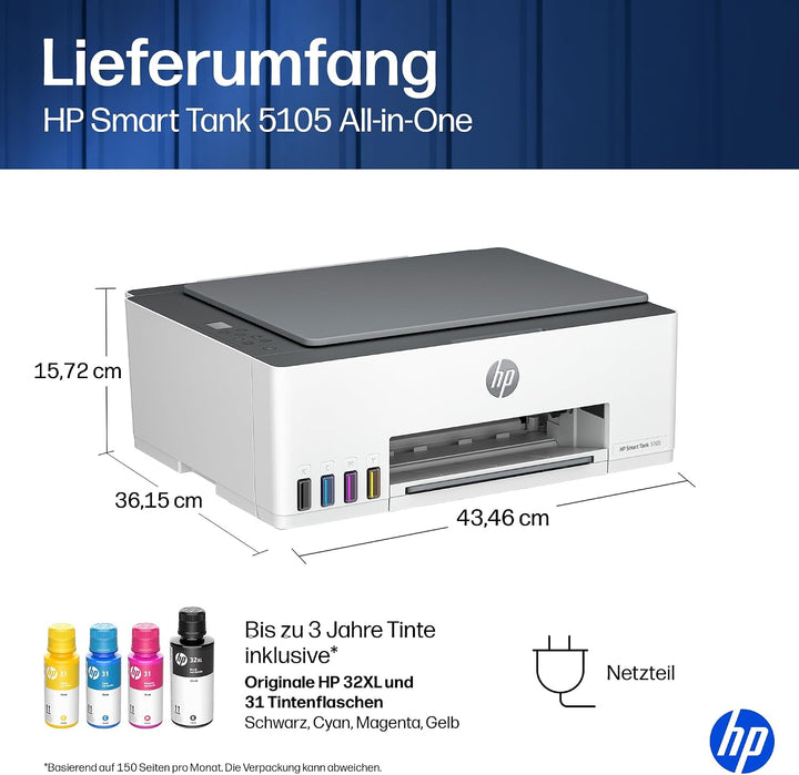 HP Smart Tank 5105 3-in-1 Multifunktionsdrucker, 20€ Cashback, (WLAN; Mobiles Drucken) – 3 Jahre Tin