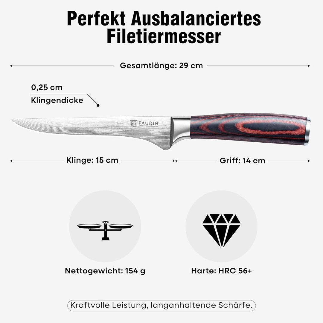 PAUDIN 15cm Filetiermesser Küchenmesser aus hochwertigem Edelstahl, Professional Kochmesser mit Scha