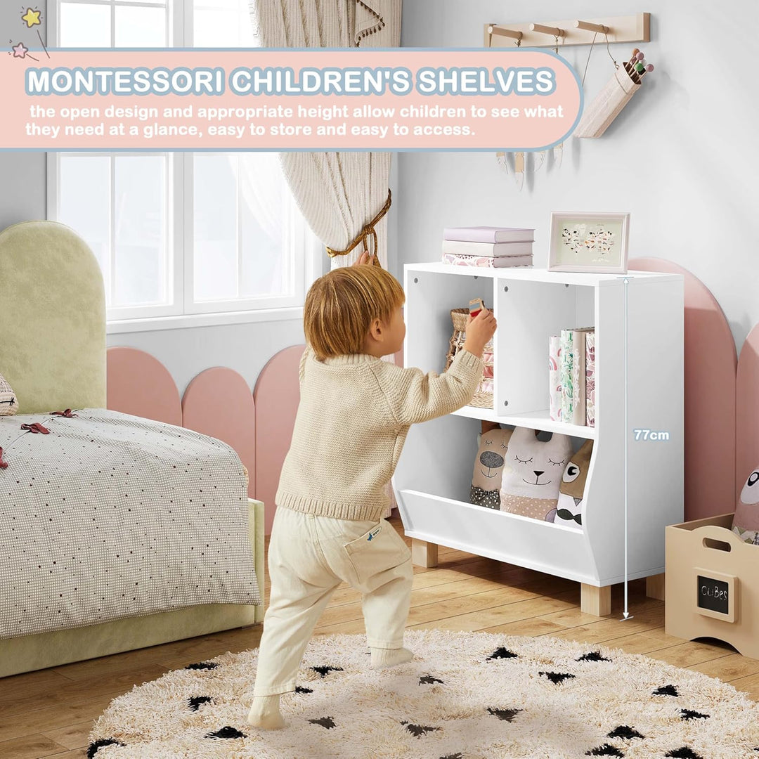 Lestarain Bücherregal Kinder, Regal weiss mit 3 Fächern, Montessori Kinderregal, Spielzeugregal mit