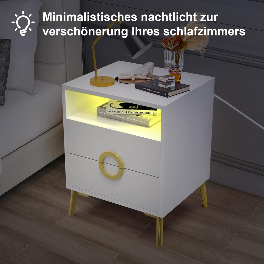 Lvhecforhm 2er Set Nachttisch Weiss, Nachttische Hochglanz Front, Nachttisch mit 2 Schubladen, Nacht